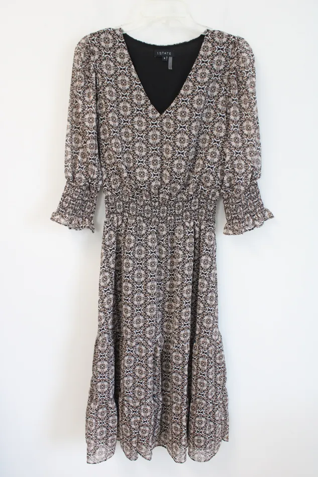 1 State Rings 1 State Black Brown Patterned Chiffon Dress S