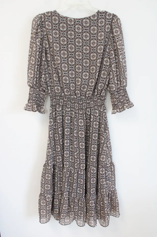 1 State Rings 1 State Black Brown Patterned Chiffon Dress S