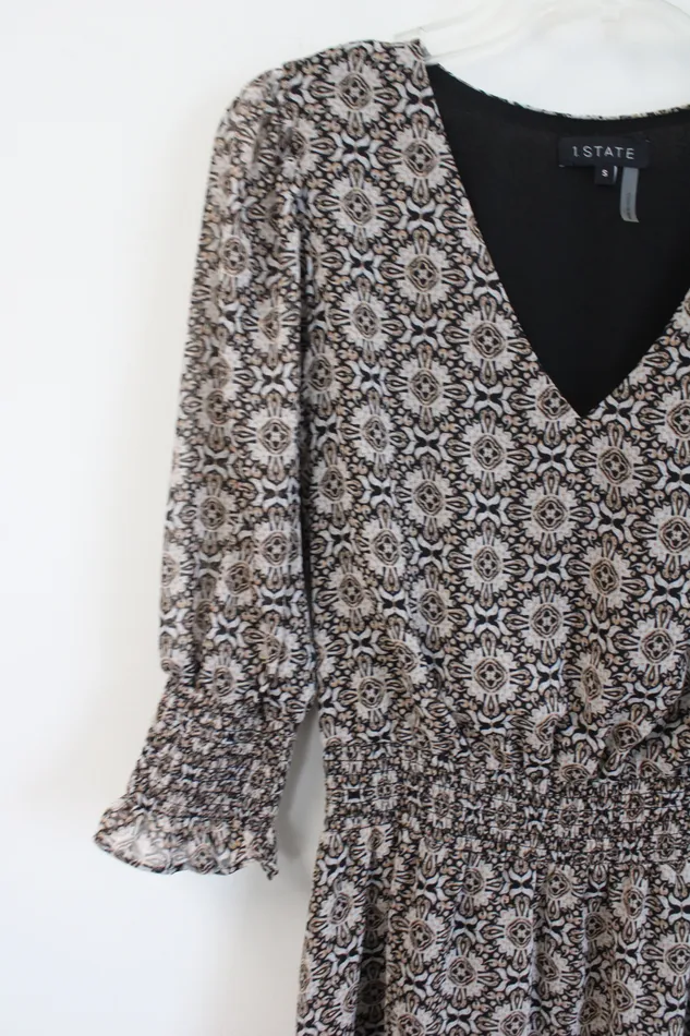1 State Rings 1 State Black Brown Patterned Chiffon Dress S