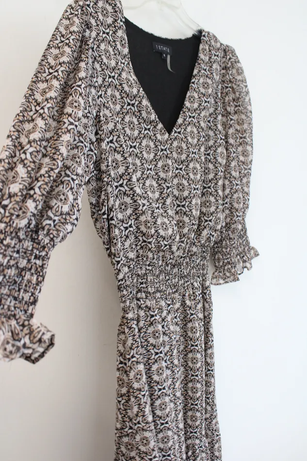 1 State Rings 1 State Black Brown Patterned Chiffon Dress S