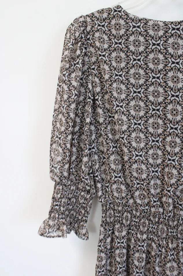 1 State Rings 1 State Black Brown Patterned Chiffon Dress S