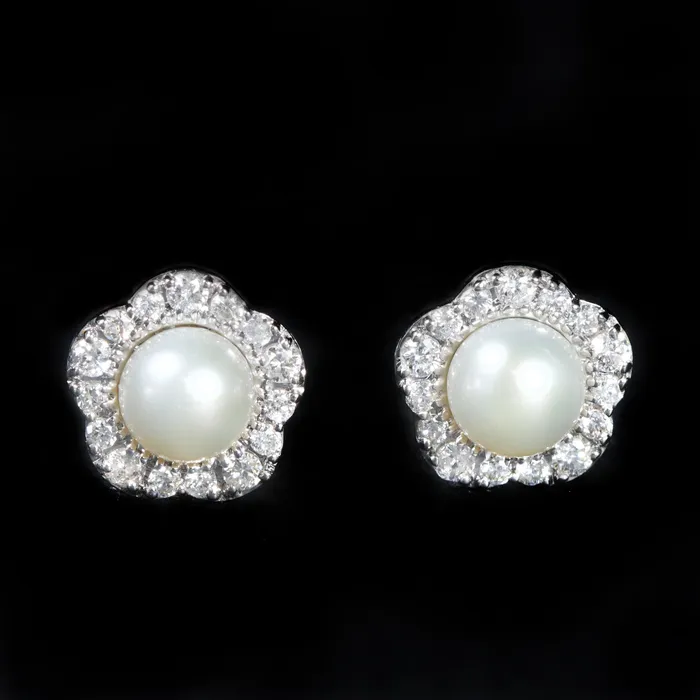 14K White Gold Pearl and Diamond Stud Earrings Diamond South Earrings