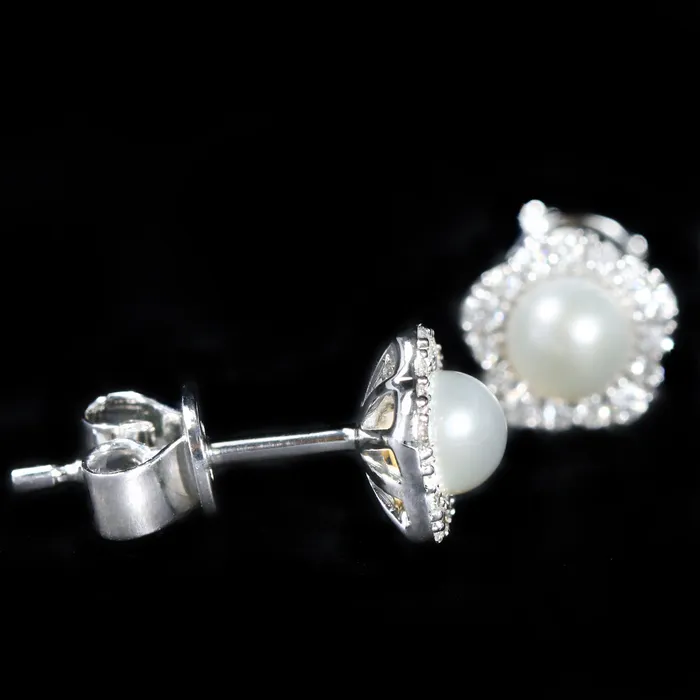 14K White Gold Pearl and Diamond Stud Earrings Diamond South Earrings