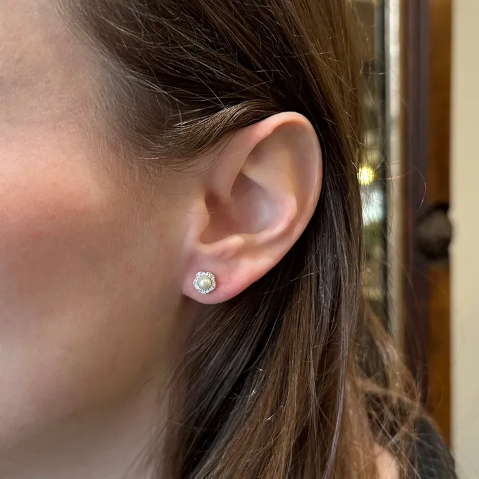 14K White Gold Pearl and Diamond Stud Earrings Diamond South Earrings