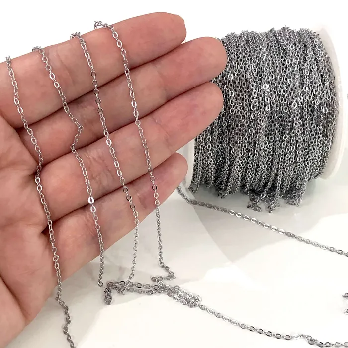 165 Foot 5 Meters Bulk 15X2mm Rhodium Plated Cable Chain Rhodium Plated Soldered Chain Peppy Beads Necklaces