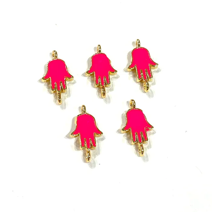 24Kt Gold Plated Brass Neon Pink Enamelled Hamsa Connector Charms 5 pcs in a pack Peppy Beads Earrings 24Kt Gold Plated Brass Neon Pink Enamelled Hamsa Connector Charms 5 pcs in a pack Peppy Beads Earrings