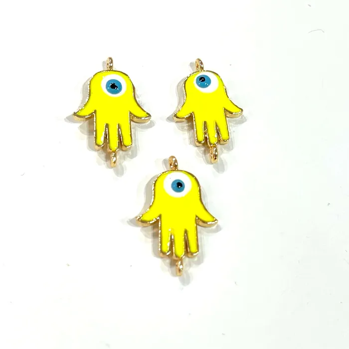 24Kt Gold Plated Brass Neon Yellow Enamelled Hamsa Connector Charms 3 pcs in a pack Peppy Beads Earrings 24Kt Gold Plated Brass Neon Yellow Enamelled Hamsa Connector Charms 3 pcs in a pack Peppy Beads Earrings