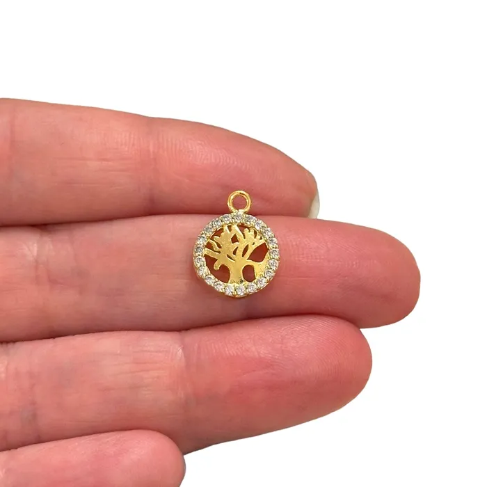 24Kt Gold Plated CZ Micro Pave Tree Of Life Charm Peppy Beads Necklaces