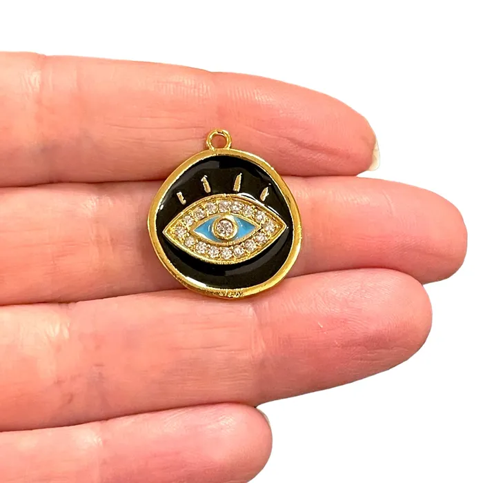 24Kt Gold Plated Evil Eye CZ Micro Pave Enamelled Charm Peppy Beads Earrings