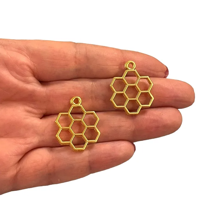 24Kt Matte Gold Plated Honeycomb Charms 2 pcs in a pack Peppy Beads Earrings