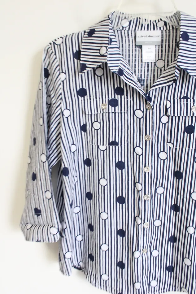 Alfred Dunner Rings Alfred Dunner Navy White Striped Polka Dot Button Down Top S Petite