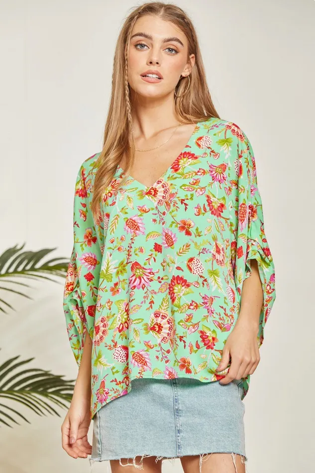 ANDREE BY UNIT Necklaces PRINTED PONCHO TUNIC 34 SLEEVE TOP EMERALD MULTI COLOR