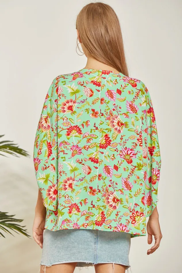 ANDREE BY UNIT Necklaces PRINTED PONCHO TUNIC 34 SLEEVE TOP EMERALD MULTI COLOR
