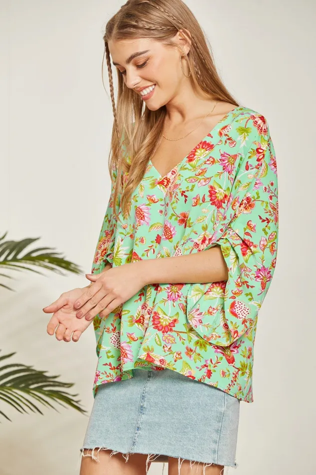 ANDREE BY UNIT Necklaces PRINTED PONCHO TUNIC 34 SLEEVE TOP EMERALD MULTI COLOR