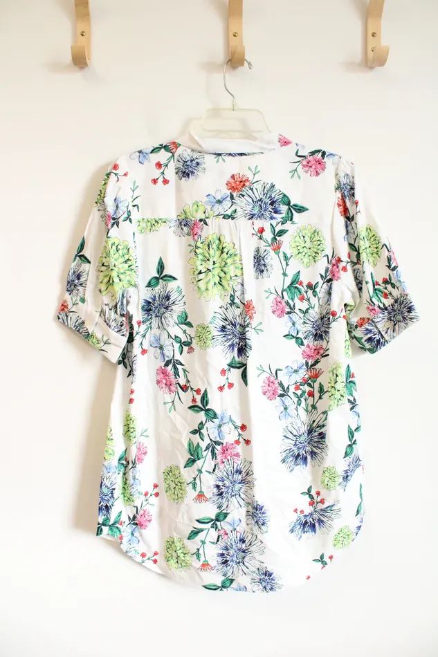 Ann Taylor LOFT Rings LOFT White Floral Tied Neck Button Down Top M