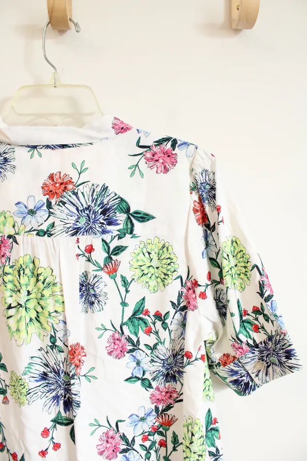 Ann Taylor LOFT Rings LOFT White Floral Tied Neck Button Down Top M