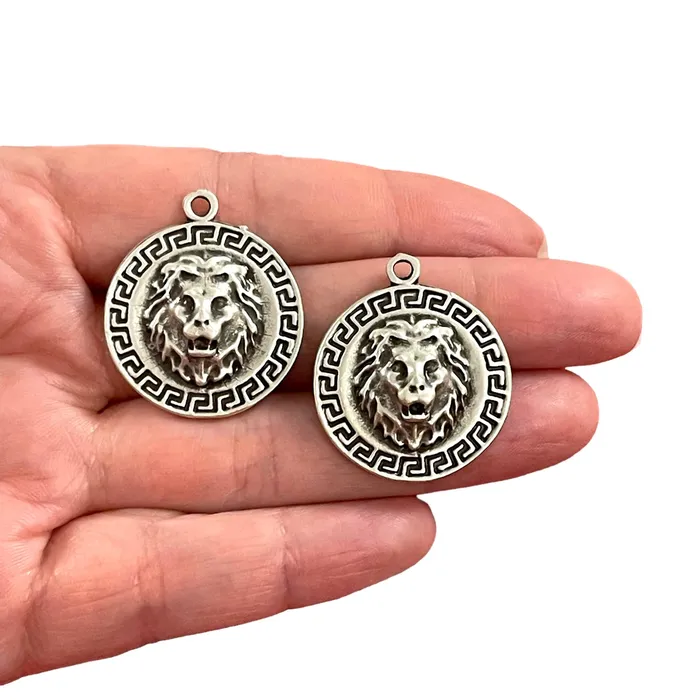 Antique Silver Plated Lion Head Pendants Ancient Greek Mythology Lion Head Pendants 2 pcs in a pack Peppy Beads Necklaces