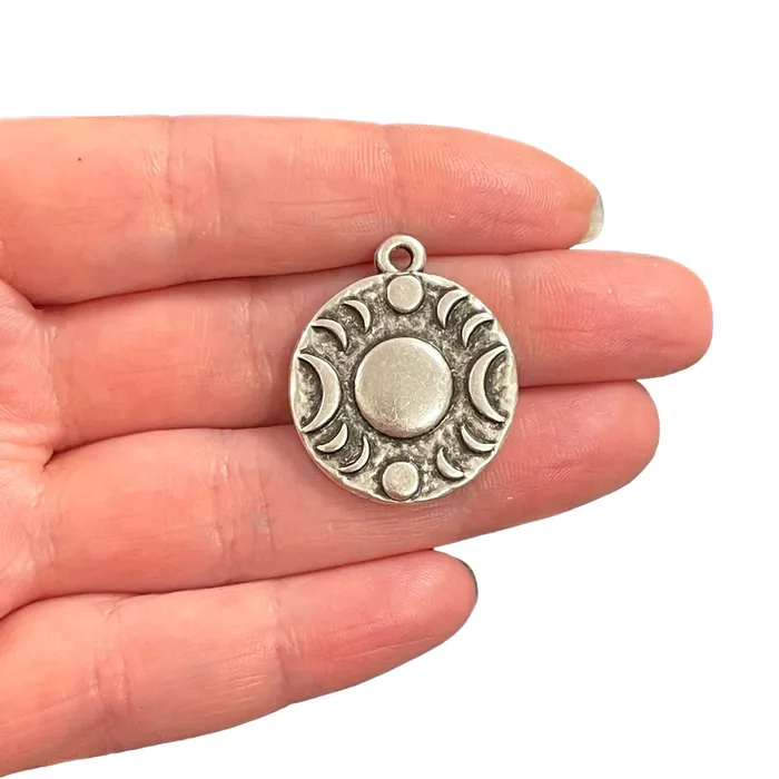 Antique Silver Plated Phases Of Moon Pendant Peppy Beads Necklaces