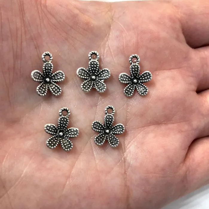 Antique Silver Plated Tiny Flower Charms 10 pieces in a pack Peppy Beads Earrings