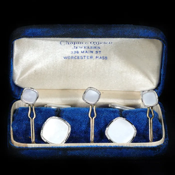 Art Deco Mother of Pearl and Black Enamel Cufflinks and Stud Set OTC Earrings