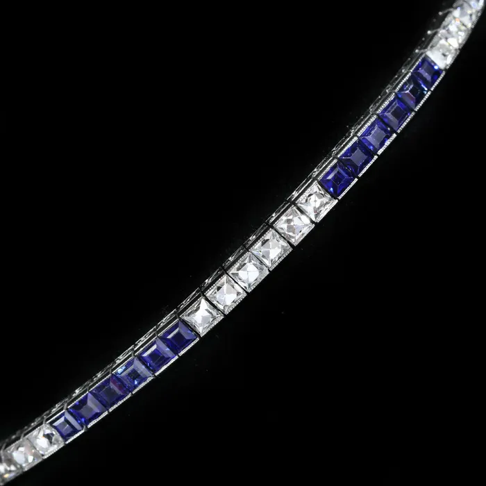 Art Deco Peruzzi Cut Diamond and No Heat Sapphire Line Bracelet OTC Bracelets