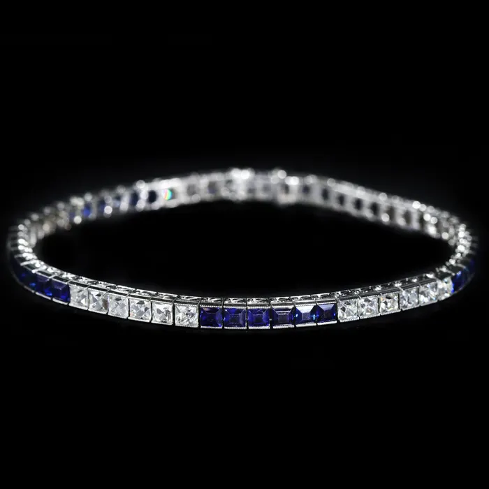 Art Deco Peruzzi Cut Diamond and No Heat Sapphire Line Bracelet OTC Bracelets
