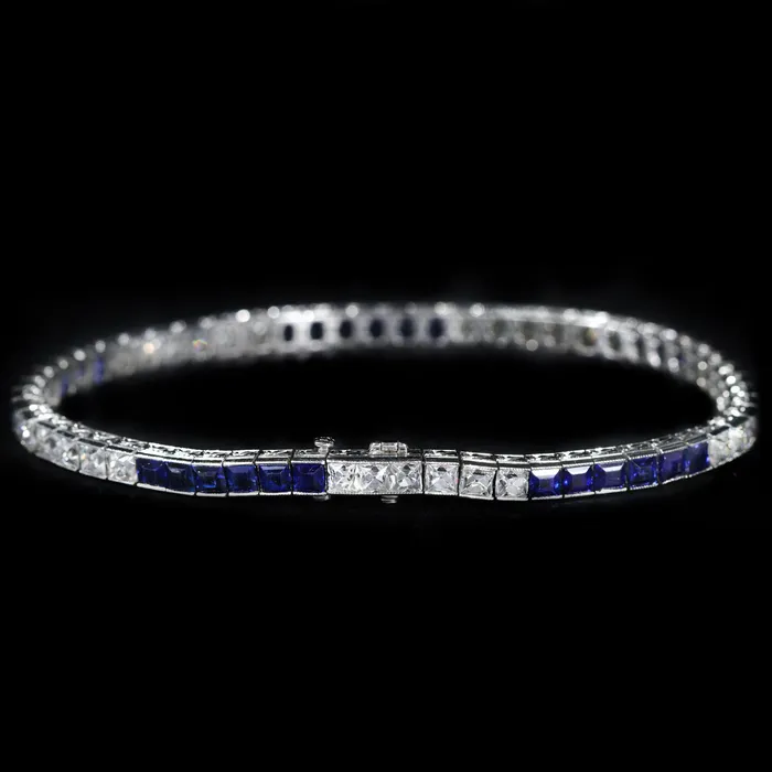 Art Deco Peruzzi Cut Diamond and No Heat Sapphire Line Bracelet OTC Bracelets