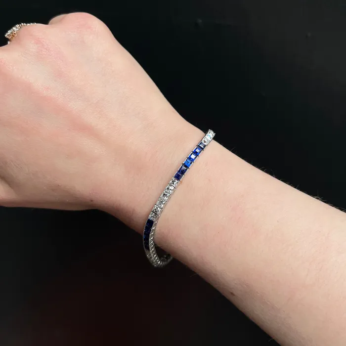 Art Deco Peruzzi Cut Diamond and No Heat Sapphire Line Bracelet OTC Bracelets