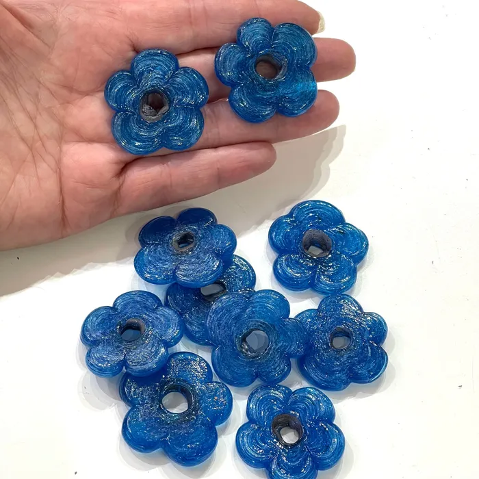 Artisan Handmade Chunky Tp Blue Glass Flower Beads Size Between 30 35mm 2 pcs in a pack Peppy Beads Earrings