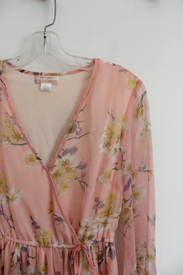 BOG Collective BOG Collective Pink Yellow Floral Long Sleeved Dress S Rings