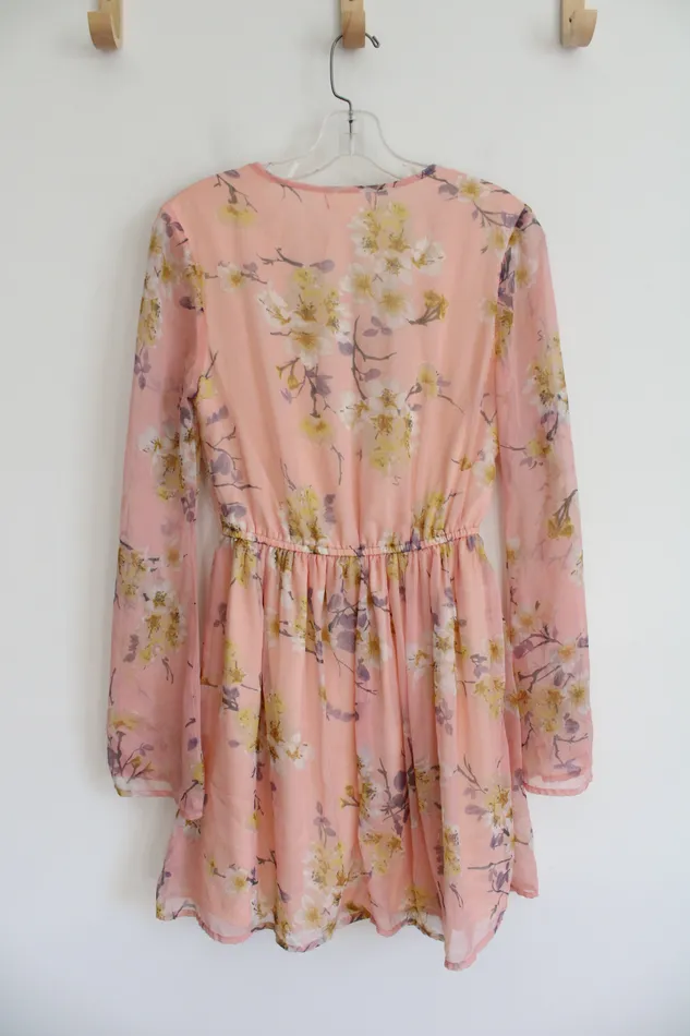 BOG Collective BOG Collective Pink Yellow Floral Long Sleeved Dress S Rings
