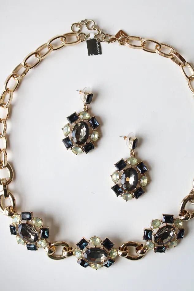 Banana Republic Earrings NEW Banana Republic Green Blue Gray Stone Gold Tone Statement Necklace Earring Set