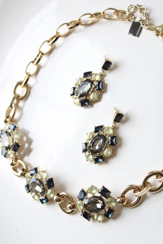 Banana Republic Earrings NEW Banana Republic Green Blue Gray Stone Gold Tone Statement Necklace Earring Set