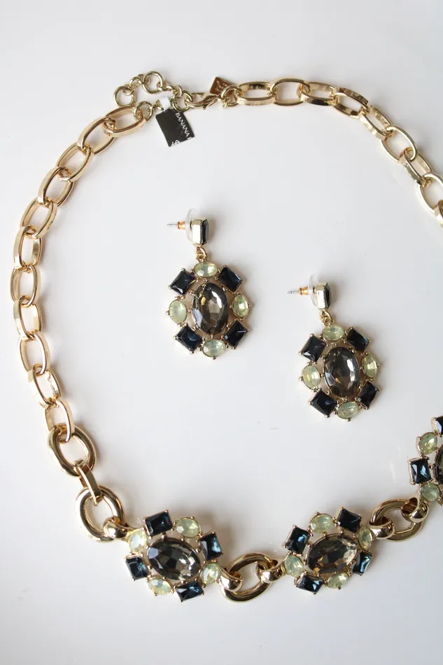 Banana Republic Earrings NEW Banana Republic Green Blue Gray Stone Gold Tone Statement Necklace Earring Set