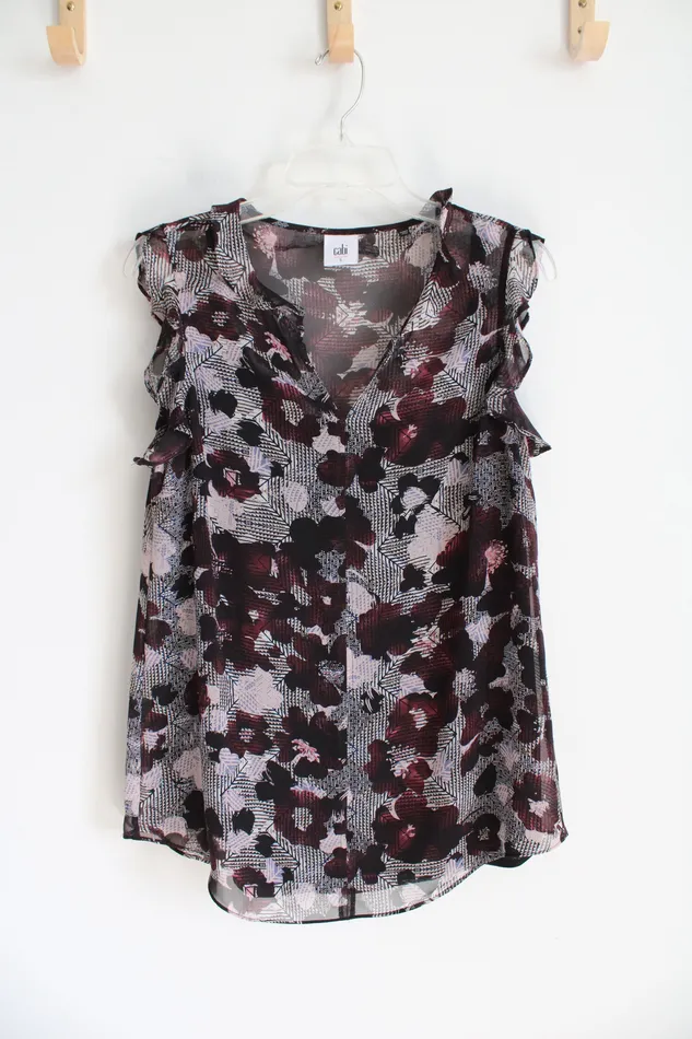 Cabi Cabi Burgundy Pink Black Floral Ruffled Cap Sleeve Top S Rings