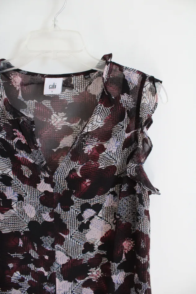 Cabi Cabi Burgundy Pink Black Floral Ruffled Cap Sleeve Top S Rings