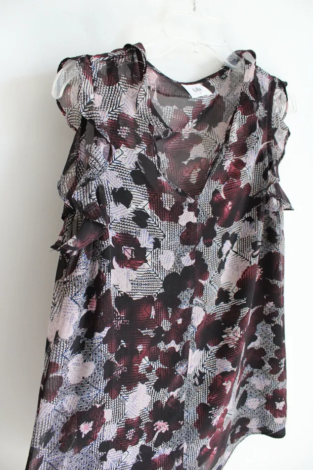 Cabi Cabi Burgundy Pink Black Floral Ruffled Cap Sleeve Top S Rings