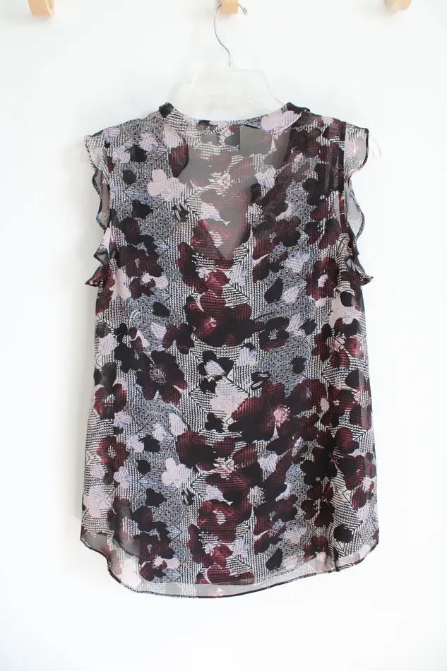 Cabi Cabi Burgundy Pink Black Floral Ruffled Cap Sleeve Top S Rings