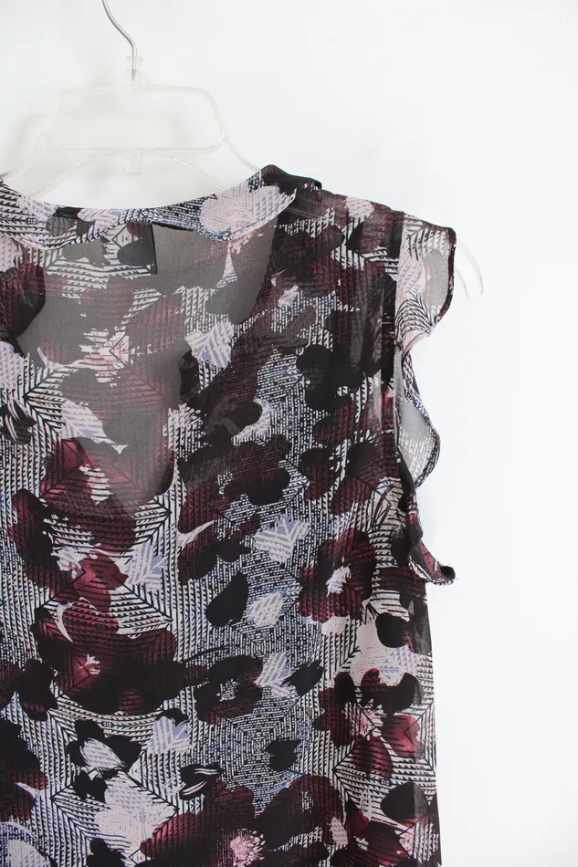 Cabi Cabi Burgundy Pink Black Floral Ruffled Cap Sleeve Top S Rings