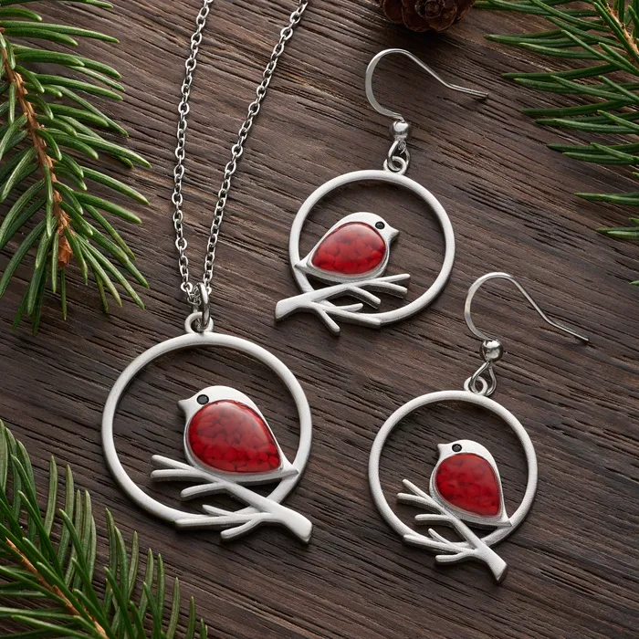 Chadds Ford Jewelry Earrings Red Glass Birdie Branch Gift Set
