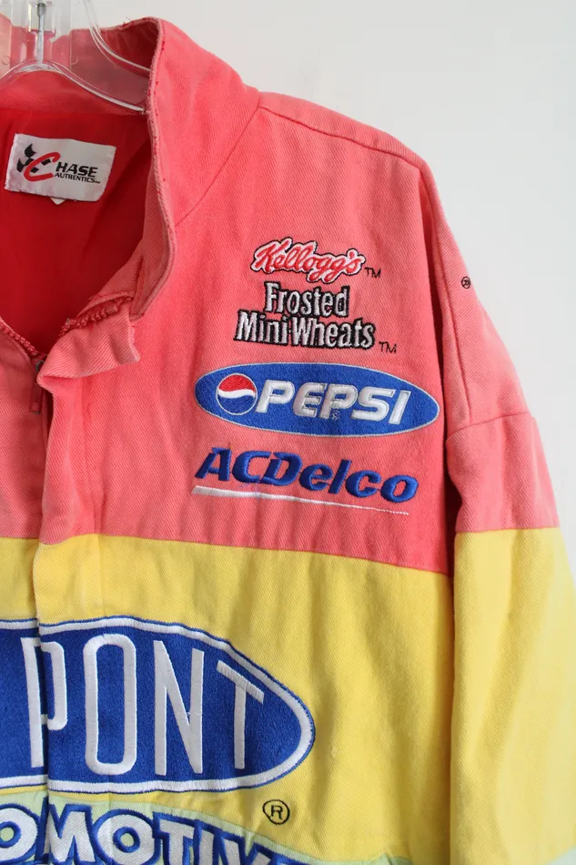 Chase Authentics Vintage Du Pont Automotive Rainbow Striped Denim Racing Jacket XL Chase Authentics Earrings
