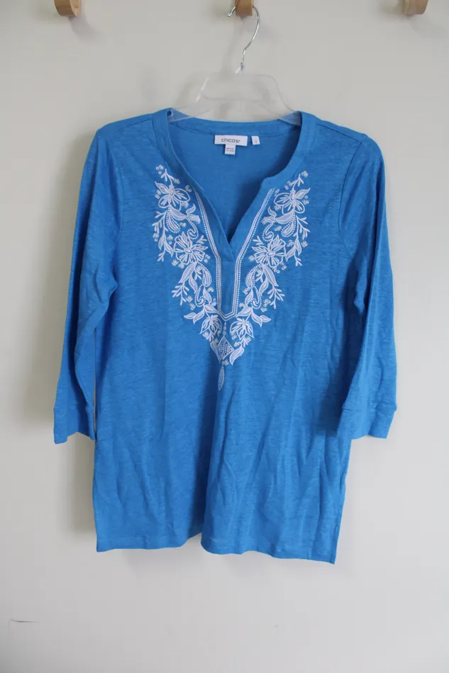 Chicos Blue Linen Embroidered Long Sleeved Shirt 1 M Chicos Rings