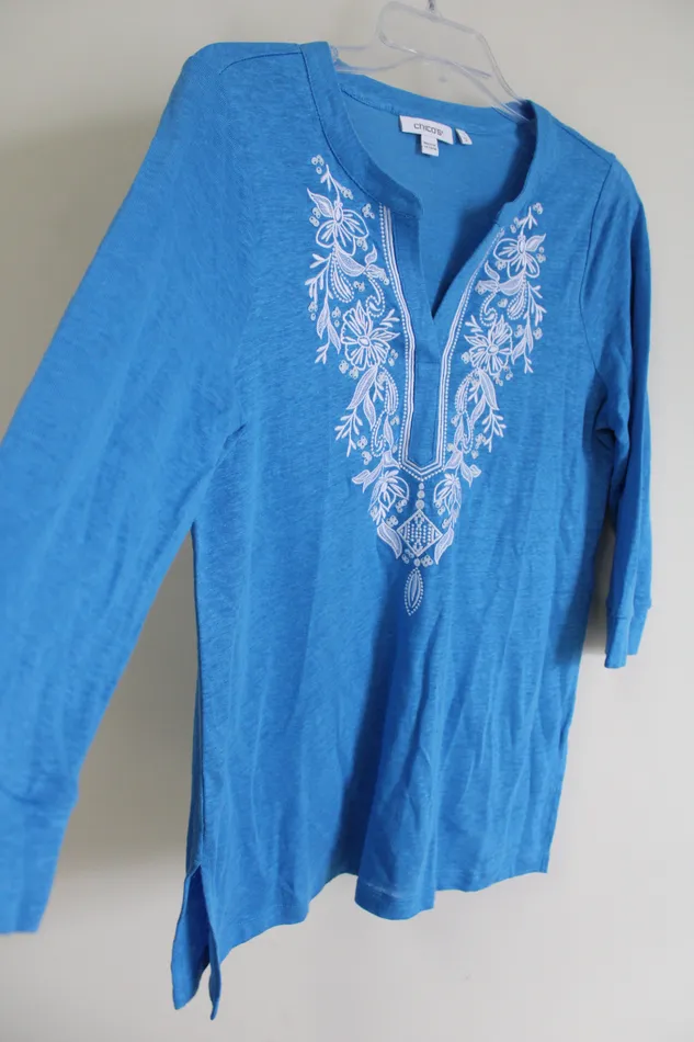 Chicos Blue Linen Embroidered Long Sleeved Shirt 1 M Chicos Rings
