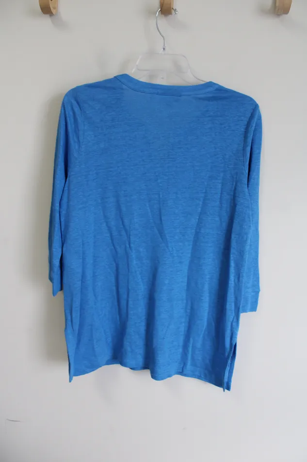 Chicos Blue Linen Embroidered Long Sleeved Shirt 1 M Chicos Rings