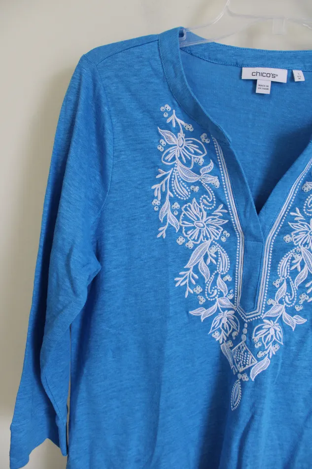 Chicos Blue Linen Embroidered Long Sleeved Shirt 1 M Chicos Rings