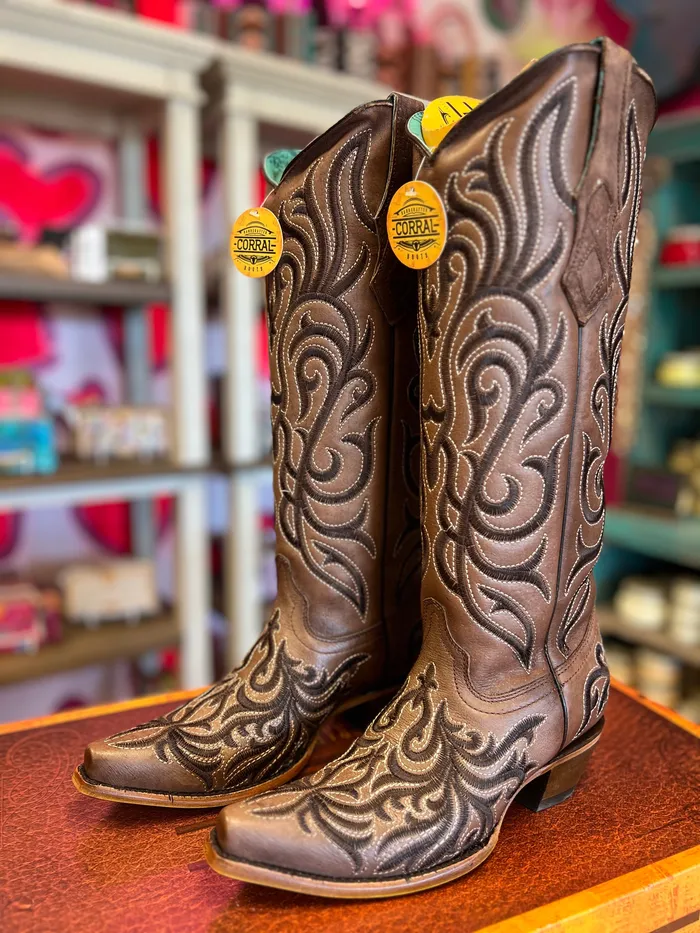 CORRAL Earrings CORRAL WOMENS BROWN EMBROIDERY STITCH TALL WESTERN BOOTS Z5307