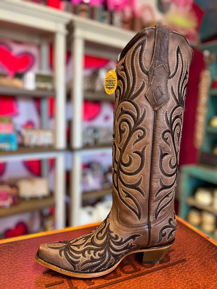 CORRAL Earrings CORRAL WOMENS BROWN EMBROIDERY STITCH TALL WESTERN BOOTS Z5307