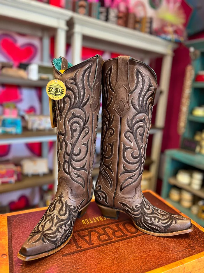 CORRAL Earrings CORRAL WOMENS BROWN EMBROIDERY STITCH TALL WESTERN BOOTS Z5307