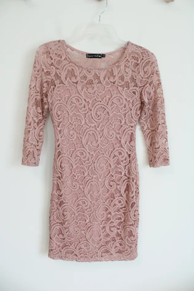 Crystal Doll Pink Lace Overlay Long Sleeved Dress S Crystal Doll Earrings