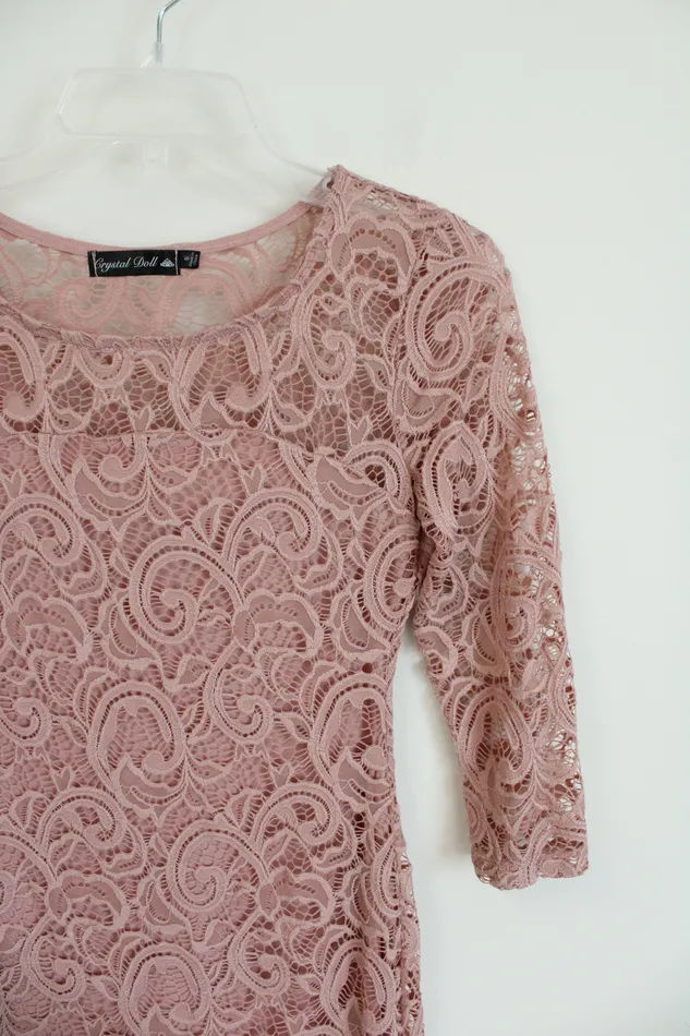 Crystal Doll Pink Lace Overlay Long Sleeved Dress S Crystal Doll Earrings